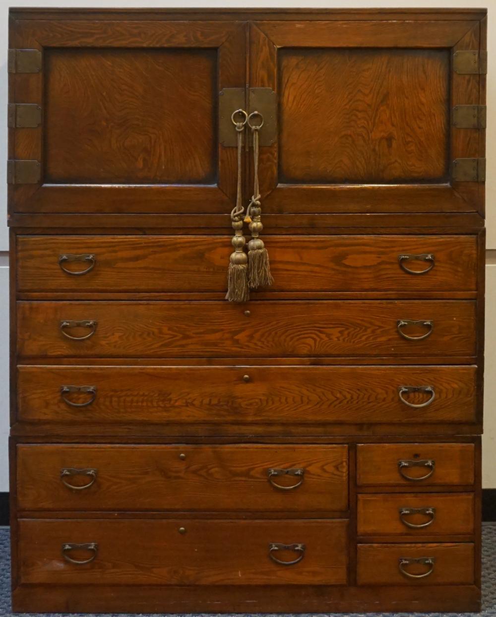 Appraisal: Japanese Brass Handle Elm Three-Part Cabinet x x in x