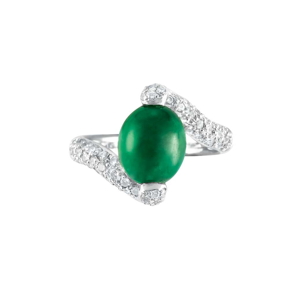 Appraisal: White Gold Jade and Diamond Ring kt one oval cabochon