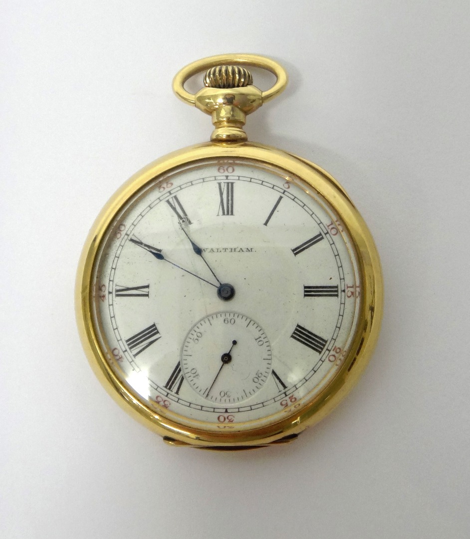 Appraisal: A gentleman's gold cased keyless wind openfaced Waltham pocket watch