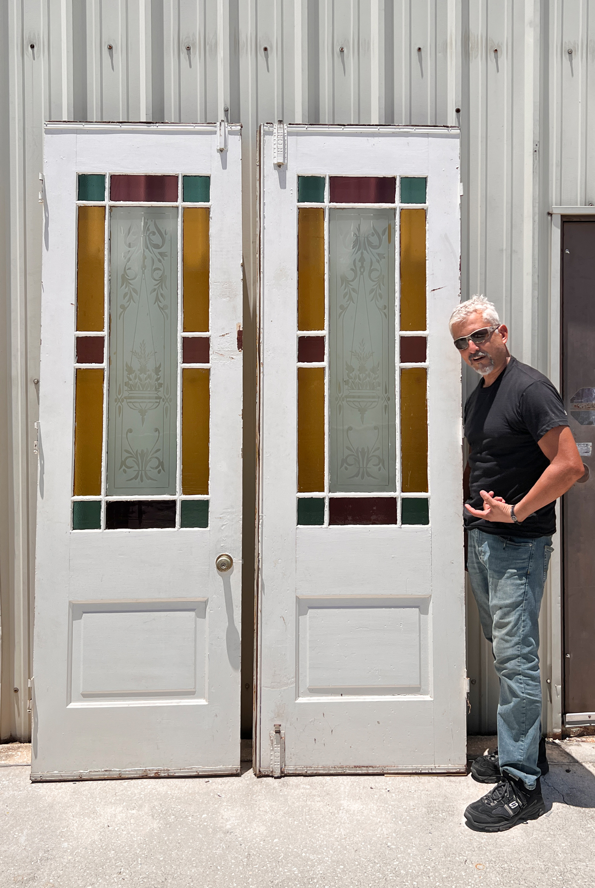 Appraisal: PAIR PAINTED LEADED GLASS DOORS Pair of entry doors having