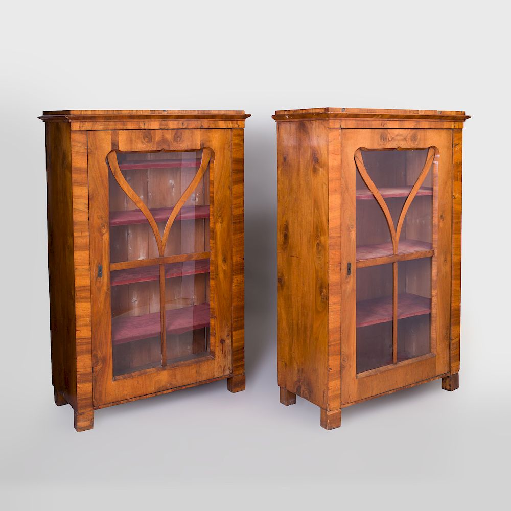 Appraisal: Pair of Biedermeier Walnut Vitrine Cabinets Each fitted with velvet