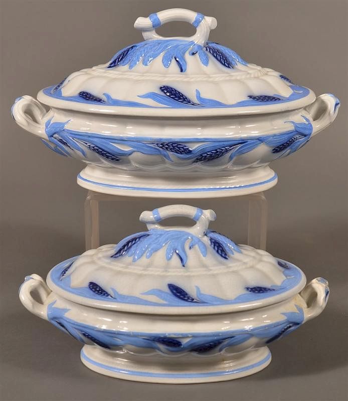 Appraisal: Ironstone Blue Wheat Cov Vegetable Bowls Two Ironstone China Blue