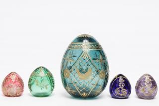 Appraisal: Russian Folk Art Colored Glass Eggs Russian cut colored glass