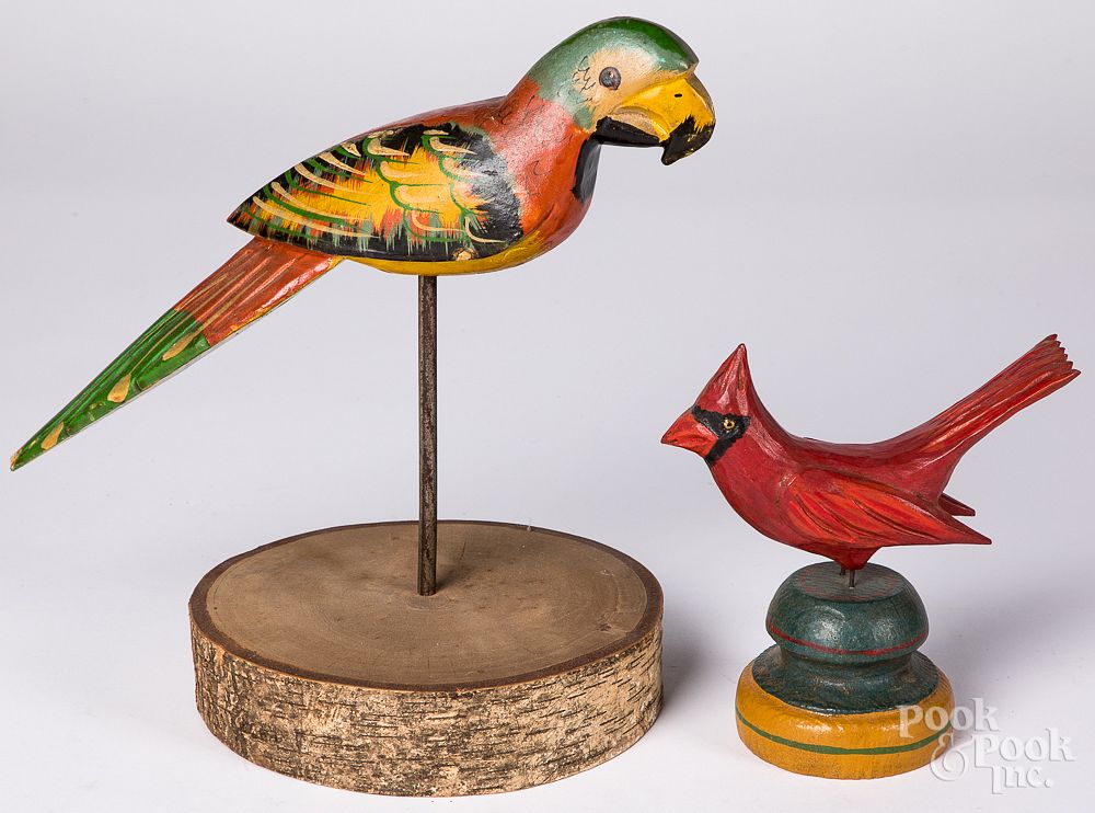 Appraisal: Carved and painted parrot and cardinal Contemporary carved and painted