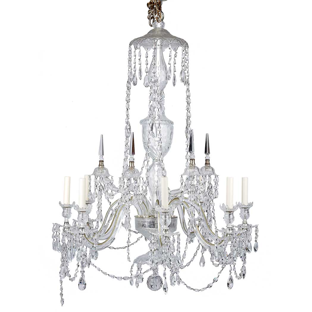 Appraisal: George III Style Colorless Cut Glass Twelve-Light Chandelier The urn-form