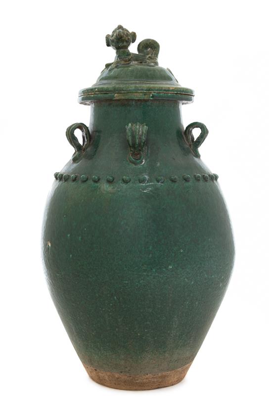 Appraisal: Sale Lot A Green Glazed Earthenware Covered Jar ming dynasty