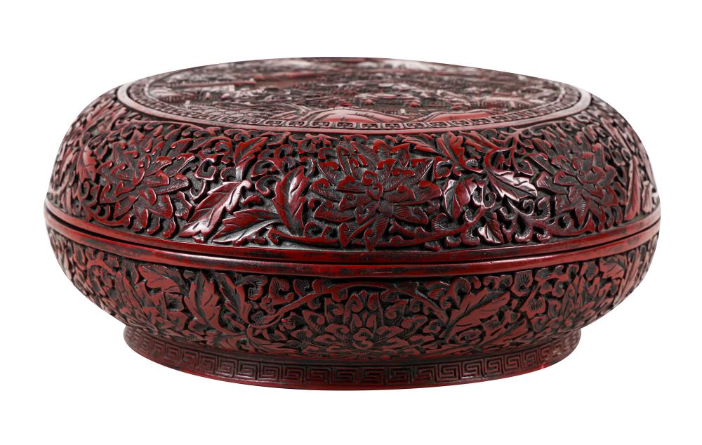 Appraisal: CHINESE CINNABAR BOXsigned to underside carved with figures in a