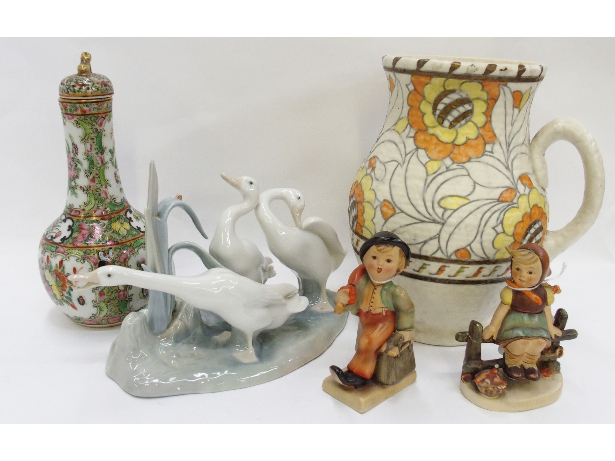 Appraisal: Lladro figural group two Hummel figures a Chinese covered vase