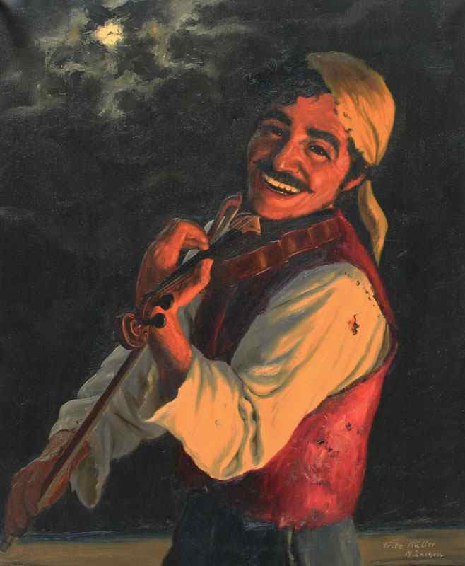 Appraisal: MULLER Fritz German - Smiling Gypsy Fiddle Player Oil Canvas