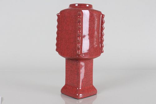 Appraisal: A CHINESE SQUARE-BASED CRACKGLAZE RED PORCELAIN VASEA Chinese Square-based Crackglaze