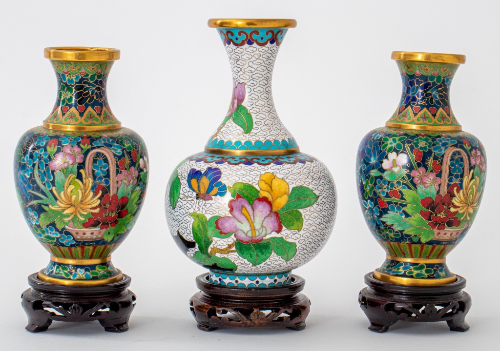 Appraisal: CHINESE ENAMEL MINIATURE CLOISONNE VASE Group of three Chinese cloisonne