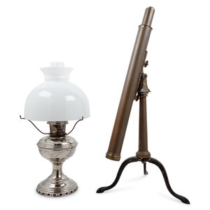 Appraisal: An English Brass Telescope and a Silver-Plate Fluid Lamp Late