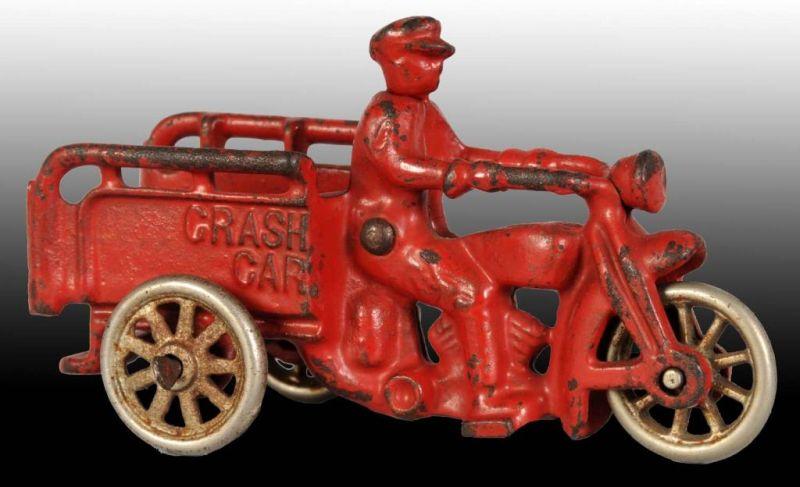 Appraisal: Cast Iron Crash Car Motorcycle Toy Description Made by Hubley