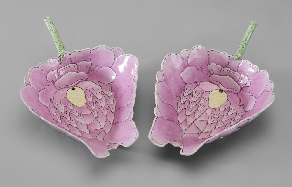 Appraisal: Pair Famille Rose Water Droppers Chinese bodies molded as lotus