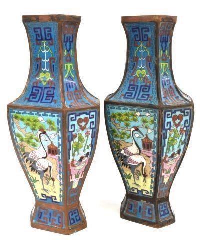 Appraisal: pair Chinese cloisonne enameled vases hexagonal form blue ground reserved