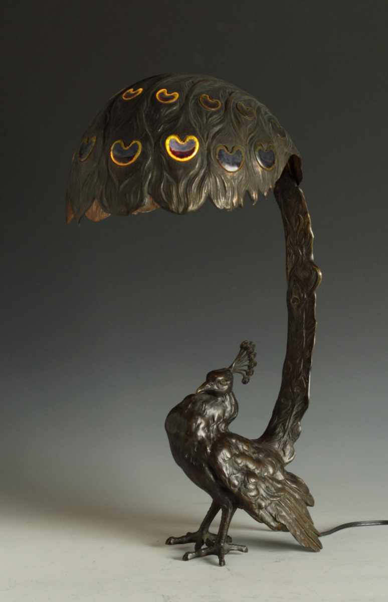 Appraisal: Unusual Bronze Peacock Lamp Early th cent Probably Austrian Enameled