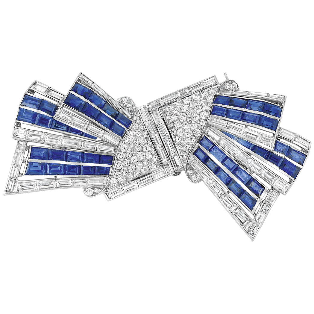 Appraisal: Art Deco Platinum Sapphire and Diamond Double Clip-Brooch Topped by