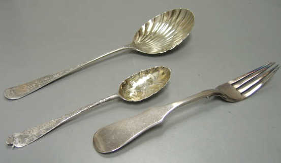 Appraisal: THREE PIECES SILVER FLATWARE Two English spoons by Hester Bateman