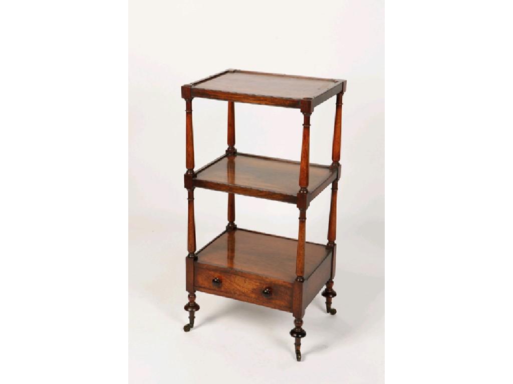 Appraisal: A REGENCY ROSEWOOD WHATNOT with three rectangular shelves between turned