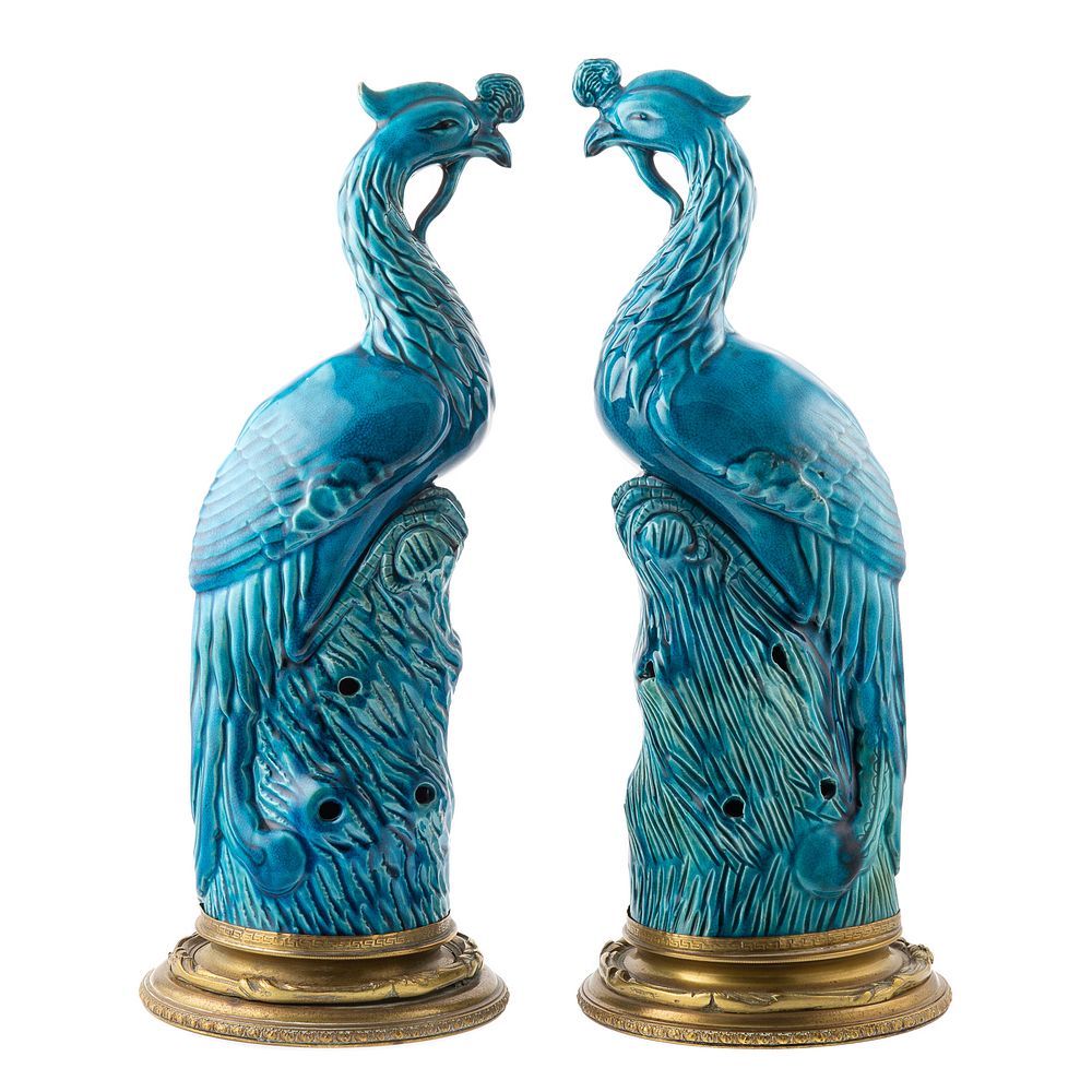 Appraisal: Pair of Chinese Export Blue Celadon Phoenix Phoenix perched on