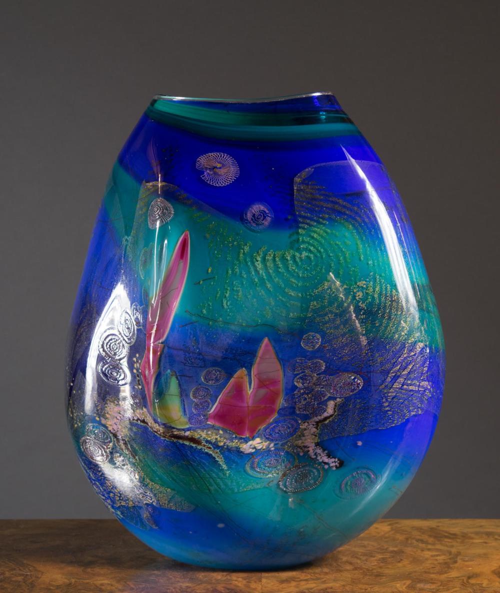 Appraisal: CHRIS HAWTHORNE ART GLASS VESSEL American b featuring sea life