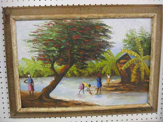 Appraisal: Haitian Painting by Wesner Pdorns creekside washday image area ''