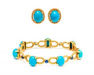 Appraisal: A Yellow Gold Turquoise and Sapphire Demi Parure dwts A