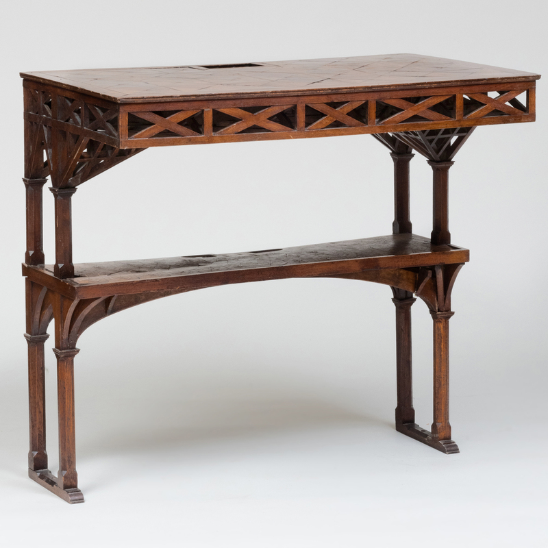 Appraisal: UNUSUAL VICTORIAN MAHOGANY AND WALNUT PARQUETRY TWO-TIER TABLE x x