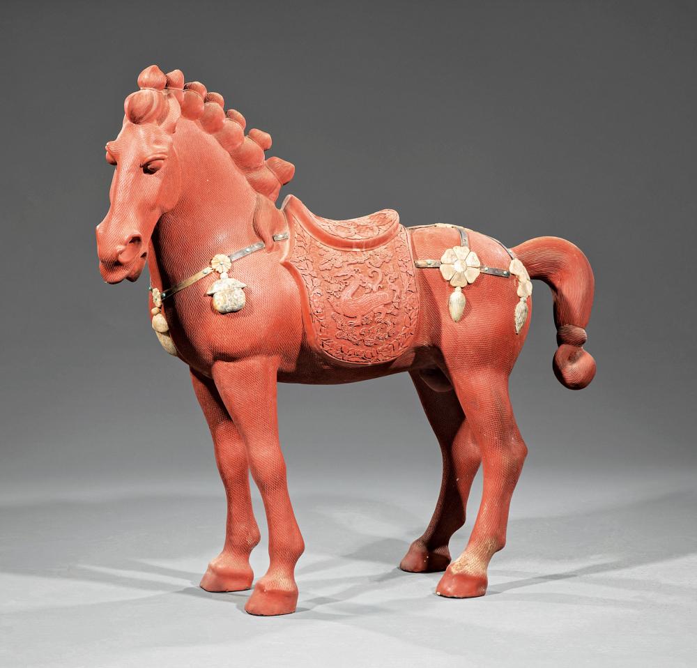 Appraisal: Large Chinese Soapstone-Embellished Red Lacquer Model of a Horse th