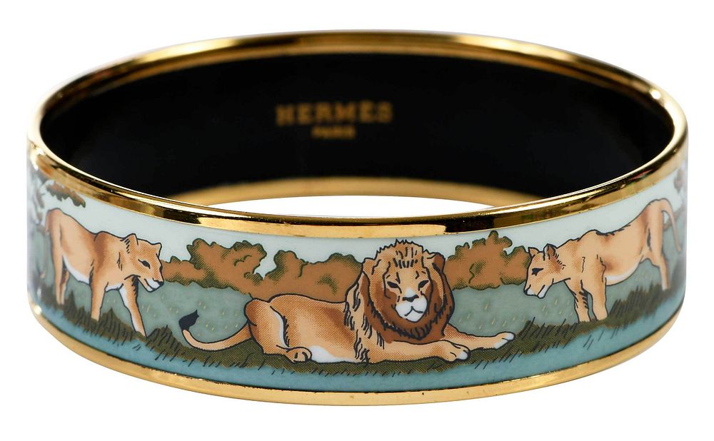 Appraisal: Hermes Enamel Bangle Bracelet gold tone greenish blue lion lioness