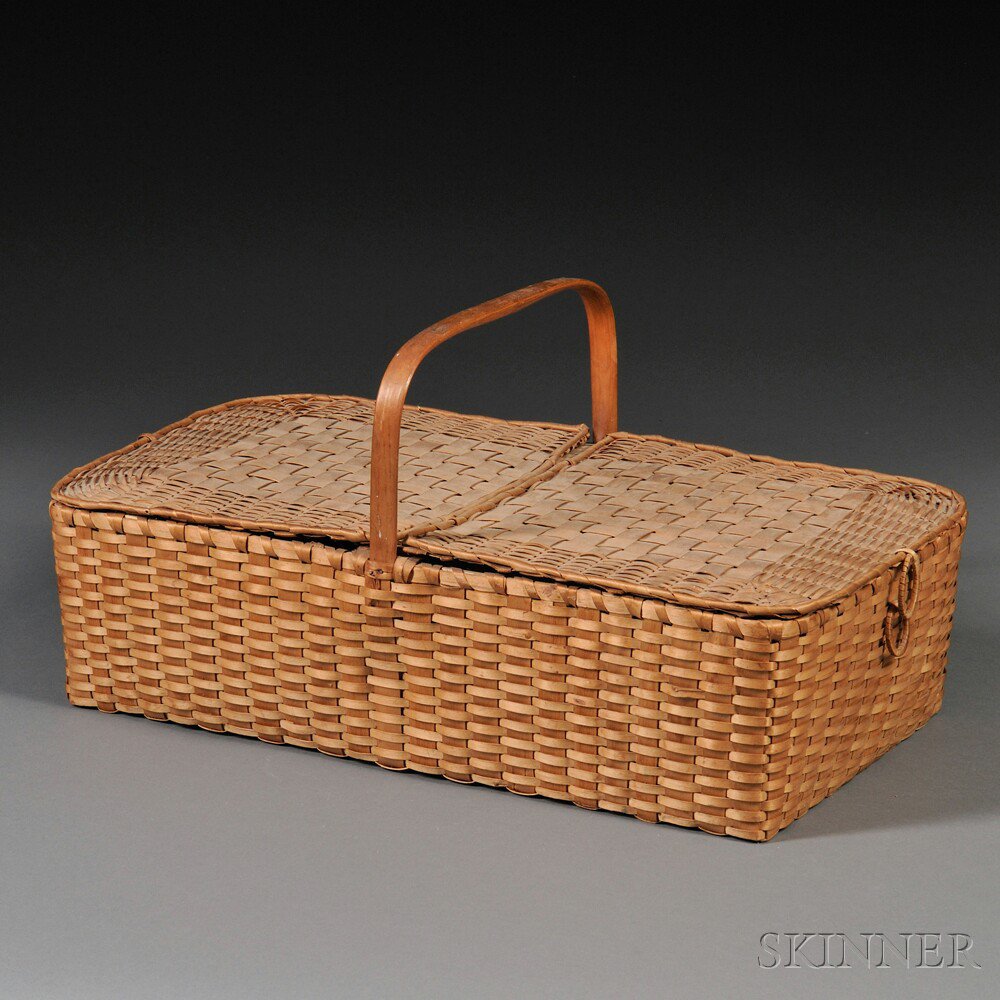 Appraisal: Woven-splint Lidded Hamper Basket rectangular basket with carved hardwood upright