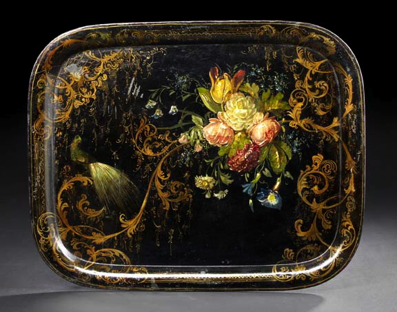 Appraisal: Large English Polychromed and Parcel-Gilt Black Tole-Peinte Waiter in Exotic