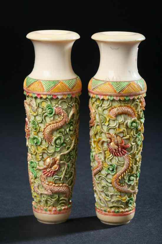 Appraisal: PAIR CHINESE POLYCHROME IVORY DRAGON VASES Republic Period - in