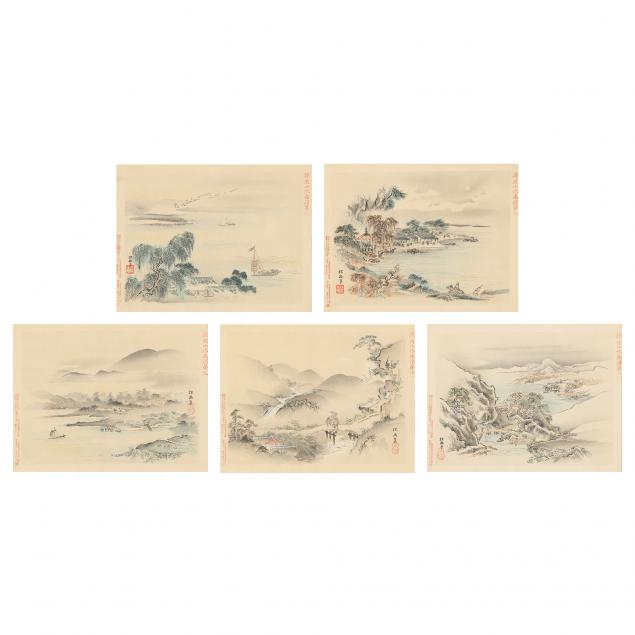 Appraisal: FIVE JAPANESE WOODBLOCK LANDSCAPE PRINTS Circa ink and colors on