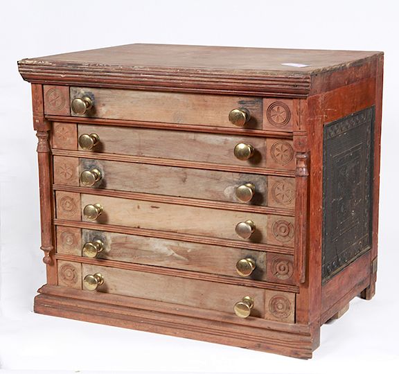 Appraisal: Six-Drawer Spool Cabinet A six-drawer walnut spool cabinet which has