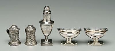 Appraisal: Five pieces English silver Peter and Ann Bateman caster two