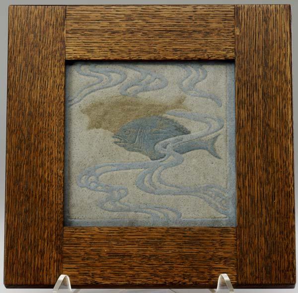 Appraisal: MARBLEHEAD Tile incised with blue and brown fish under pale