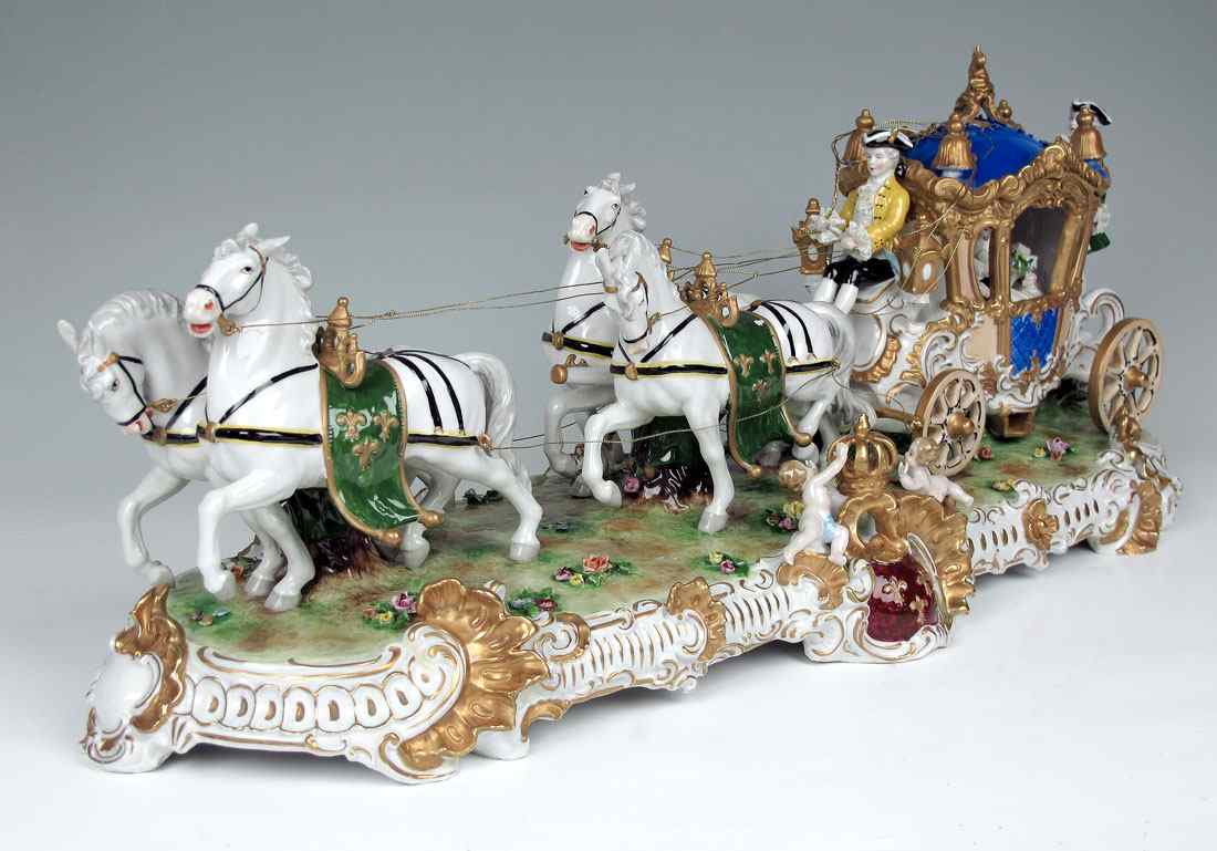 Appraisal: LARGE GERMAN PORCELAIN CARRIAGE AND HORSES A regal depiction of