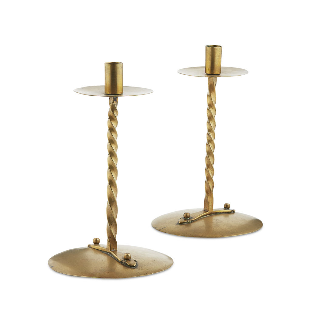 Appraisal: ARTS CRAFTS PAIR OF COTSWOLD SCHOOL BRASS CANDLESTICKS CIRCA the