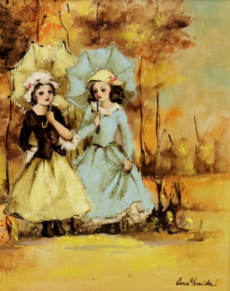 Appraisal: ILLEGIBLY Signed Oil On Canvas Girls With Parasols Signed lr