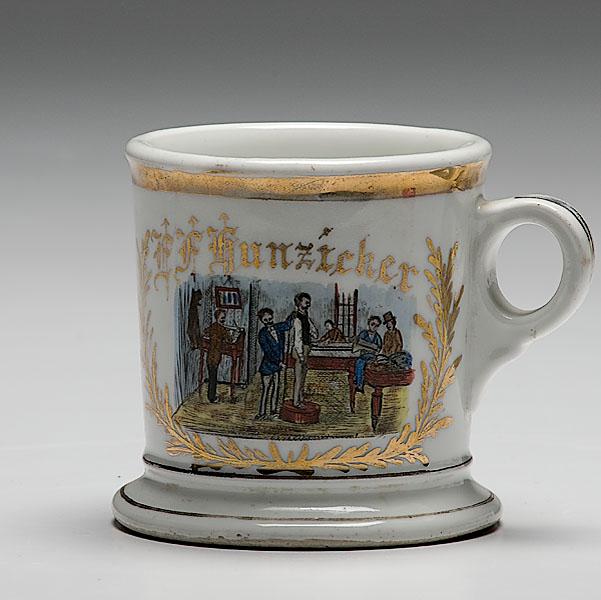 Appraisal: FINE OCCUPATIONAL SHAVING MUG OF TAILOR porcelain with polychrome painted