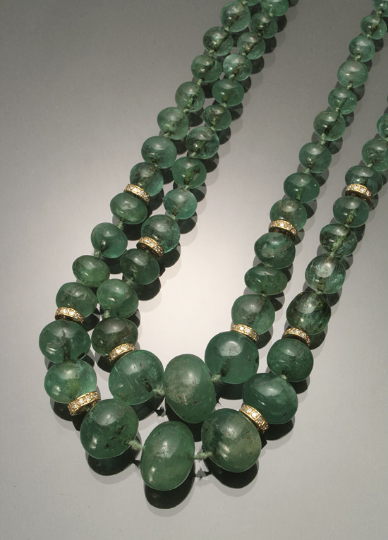 Appraisal: Princess Length Emerald and Diamond Necklace Knotted The double strand