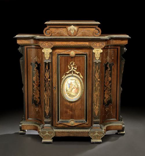 Appraisal: American Neo-Grec Gilt-Bronze- and Porcelain-Mounted Ebonized and Marquetry-Inlaid Rosewood Cabinet