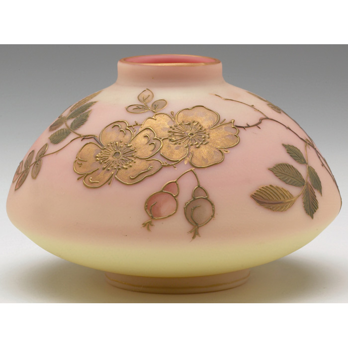 Appraisal: Good Mt Washington Burmese vase squat form with enameled gold