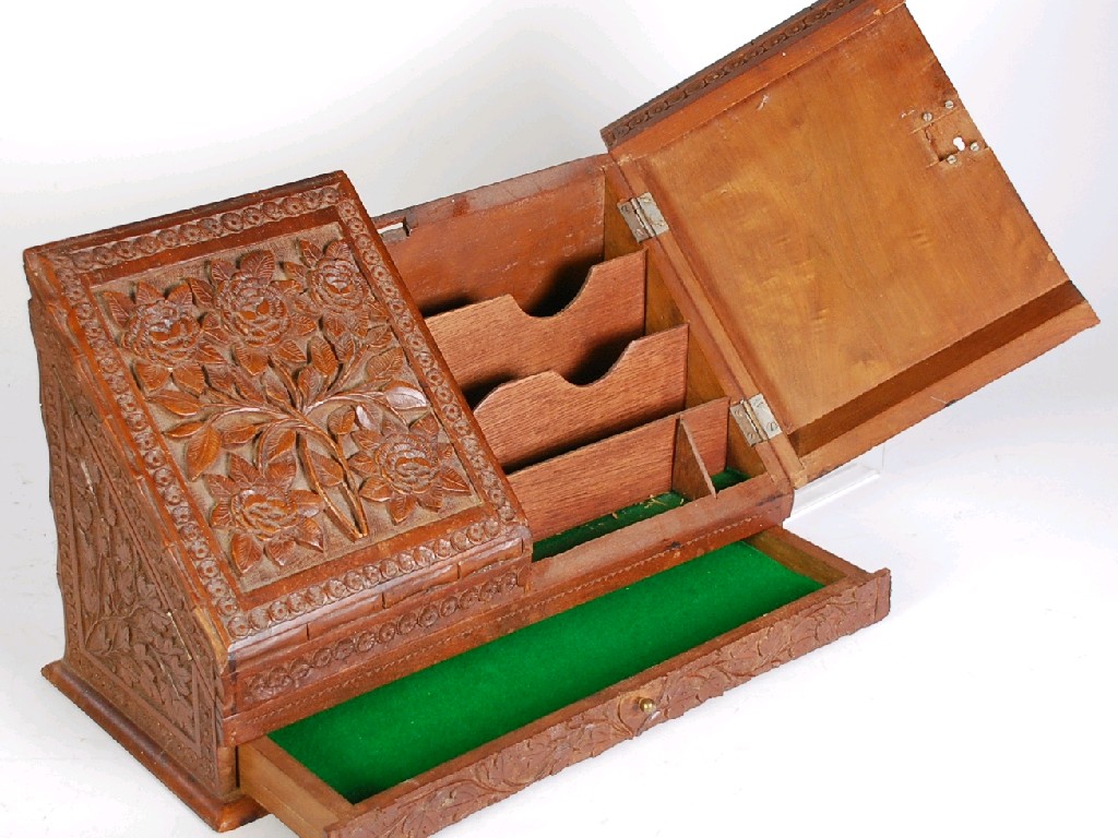 Appraisal: INDIAN FLORAL CARVED TEAKWOOD STATIONERY BOX oblong with two door