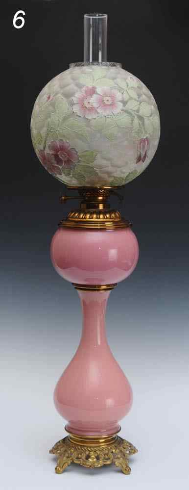 Appraisal: French Banquet Lamp with pink glass body and gilt metal