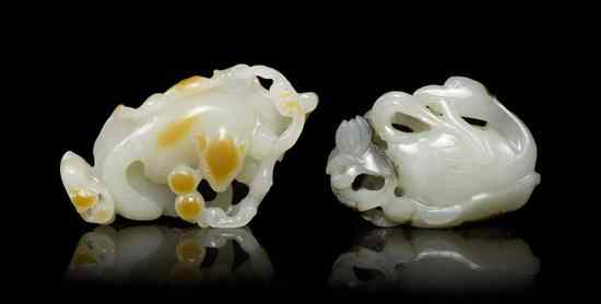 Appraisal: Two Carved Jade Toggles one depicting a duck with lotus