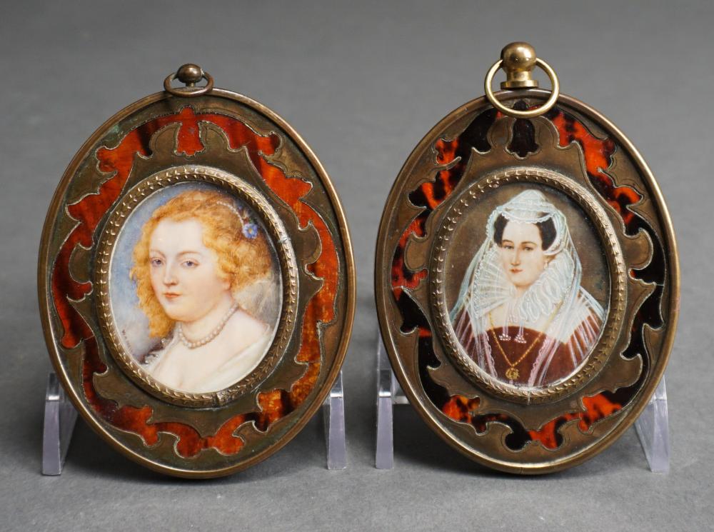 Appraisal: Pair Continental Miniature Portraits of Court Ladies in 'Boulle' Marquetry