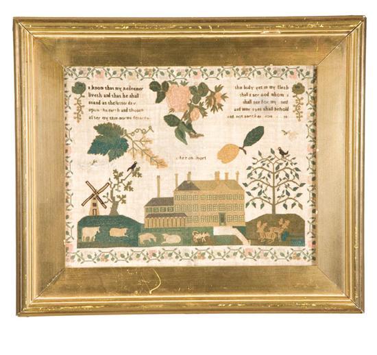 Appraisal: SAMPLER Probably English silk on wool Neatly worked pastoral scene