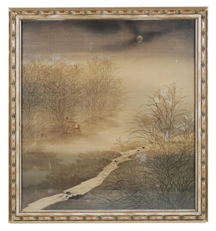 Appraisal: Asian watercolor painting on silk showing deer in a grassland